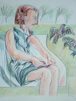 Dibujos de Angel Arias: Niña dando de comer carne a las palomas